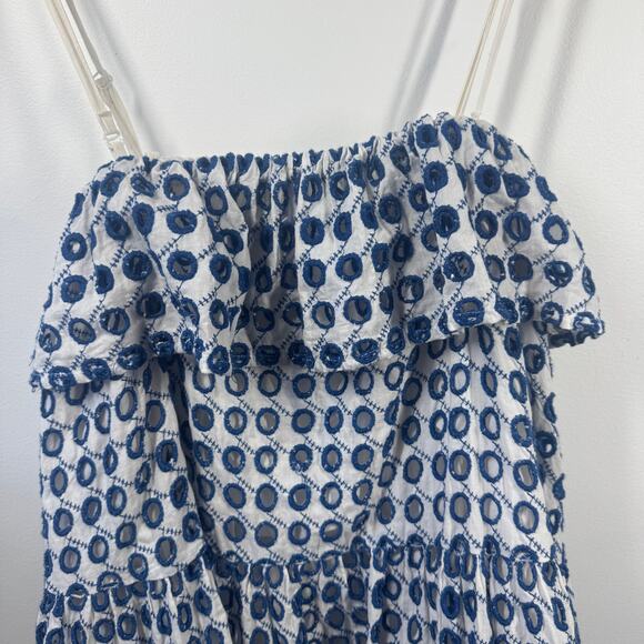 Solid & Striped Dress Women XS Blue White Eyelet Mini Ruffle Embroidery Preppy - Picture 3 of 9